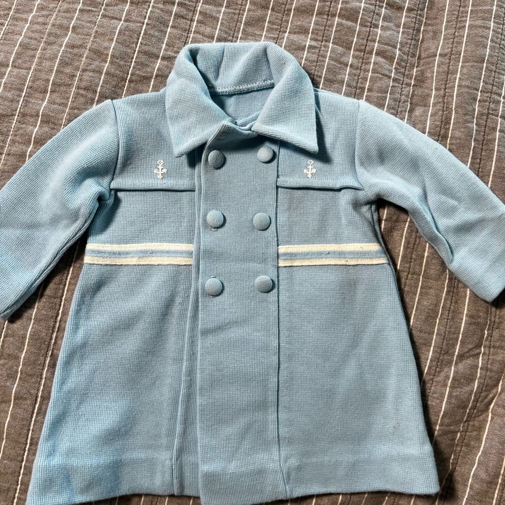 Vintage Light Blue Knit Pea Style Coat with Tailored Fit